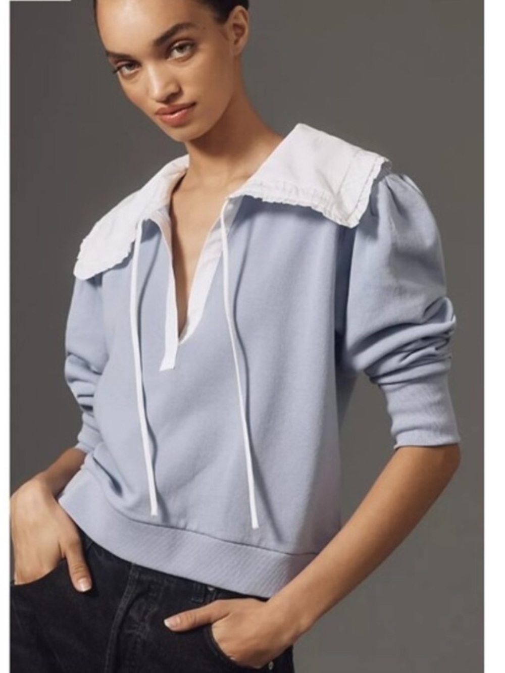 Anthropologie Light Blue Sweatshirt with White Poplin Collar